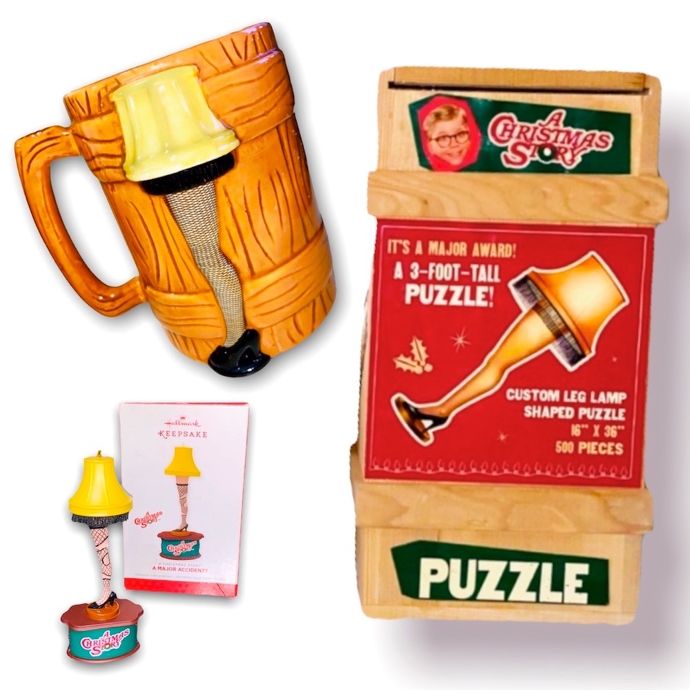 A Christmas Story Bundle; Leg Lamp Ornament, Crate Box Puzzle & Huge Mug